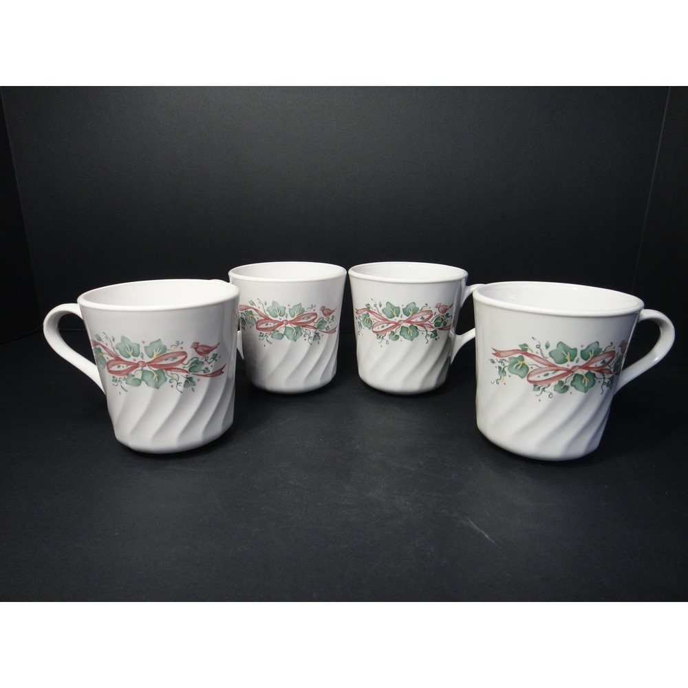 Corelle Callaway Holiday Swirl Mugs Set of 4 Christmas White Vitrelle Vintage